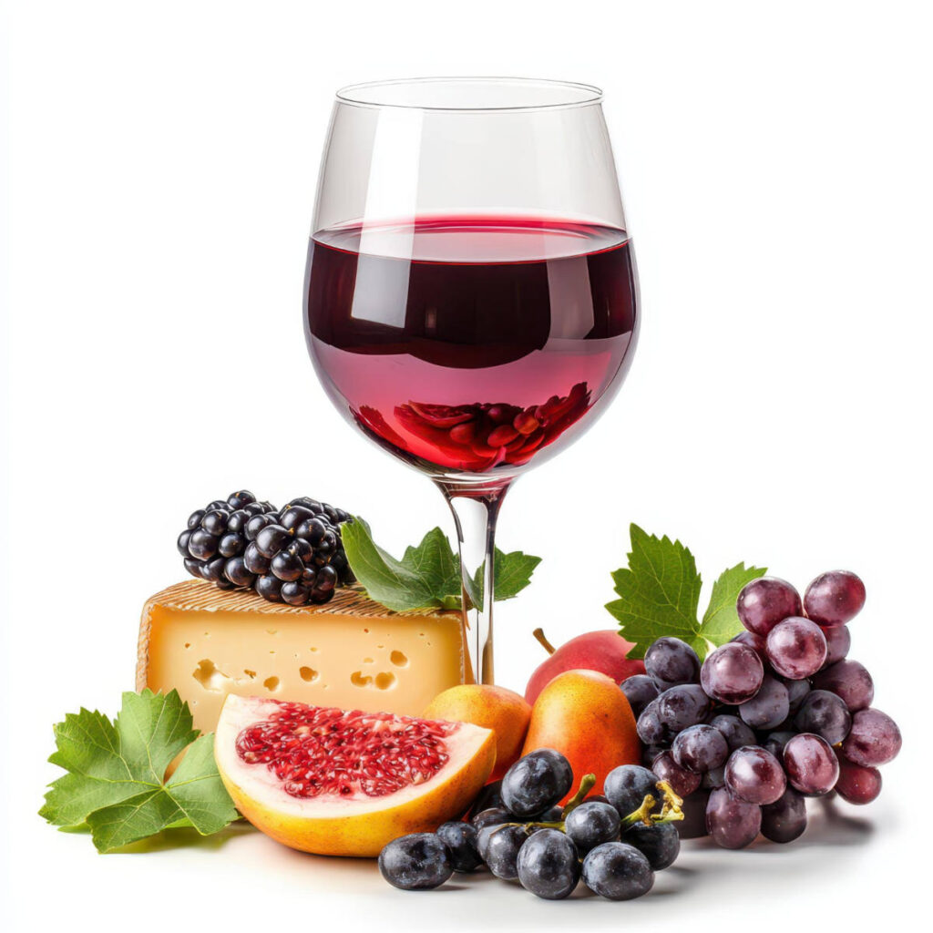 Ein Glas Rotwein mit Käse und Weintrauben