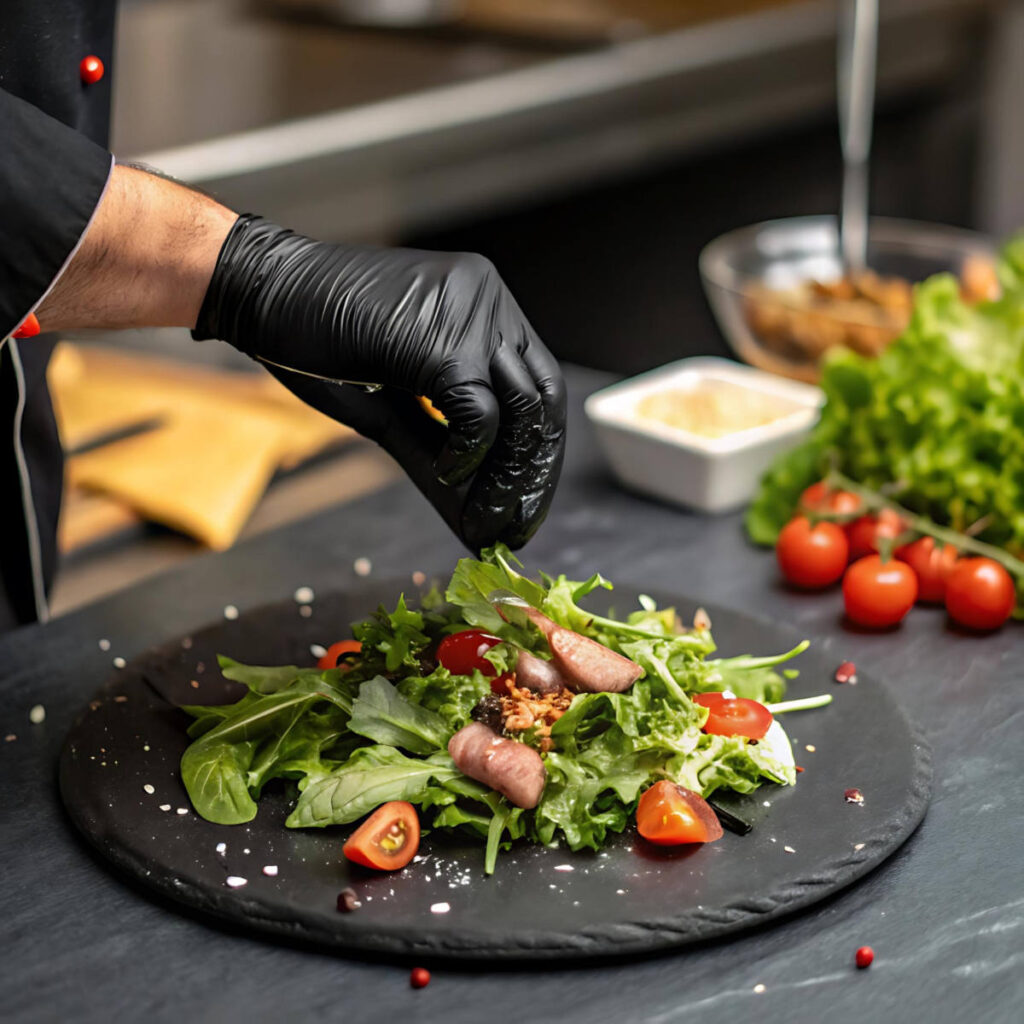 Handschuhe in der Küche beim Würzen