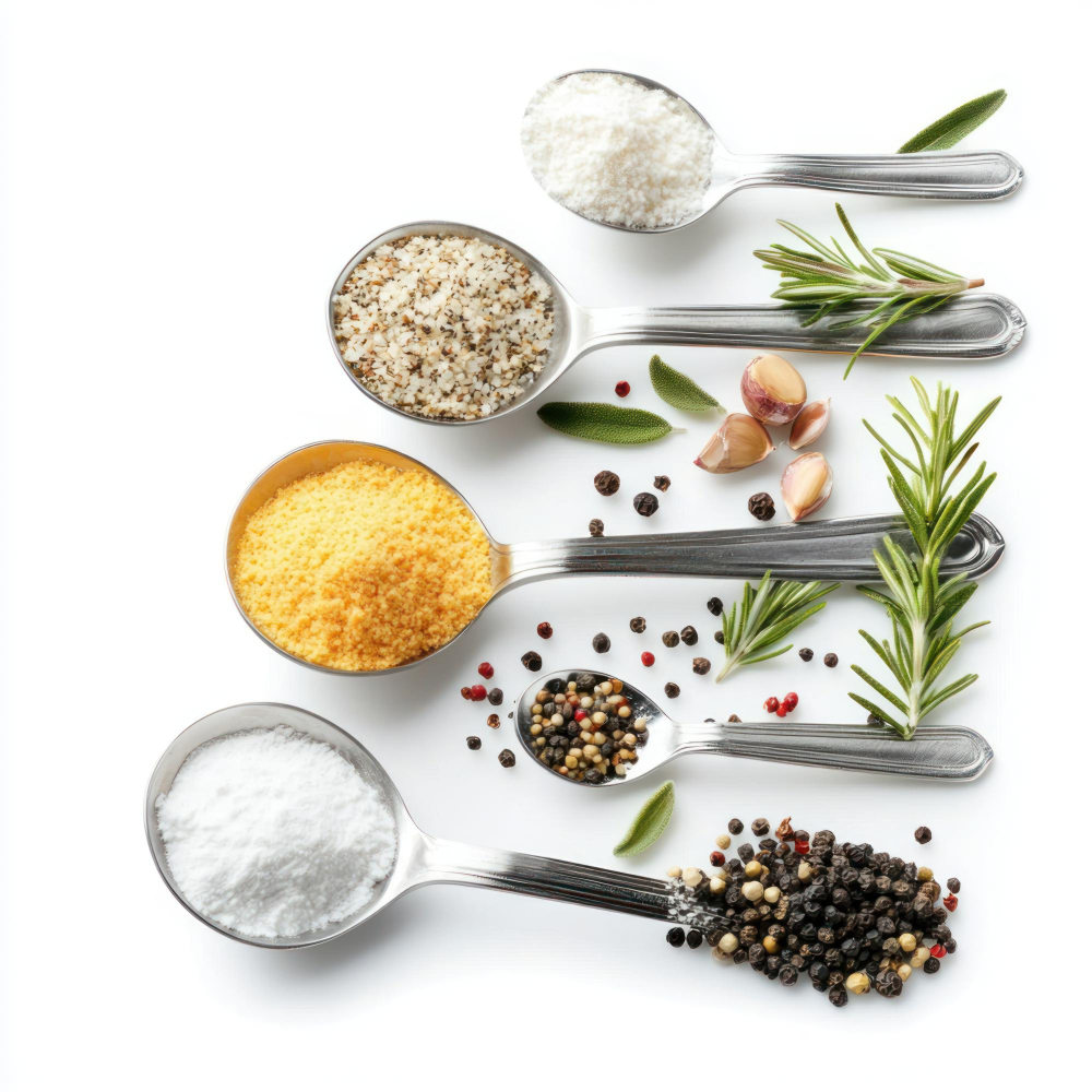 Messlöffel mit isolierten Zutaten auf weißem Hintergrund