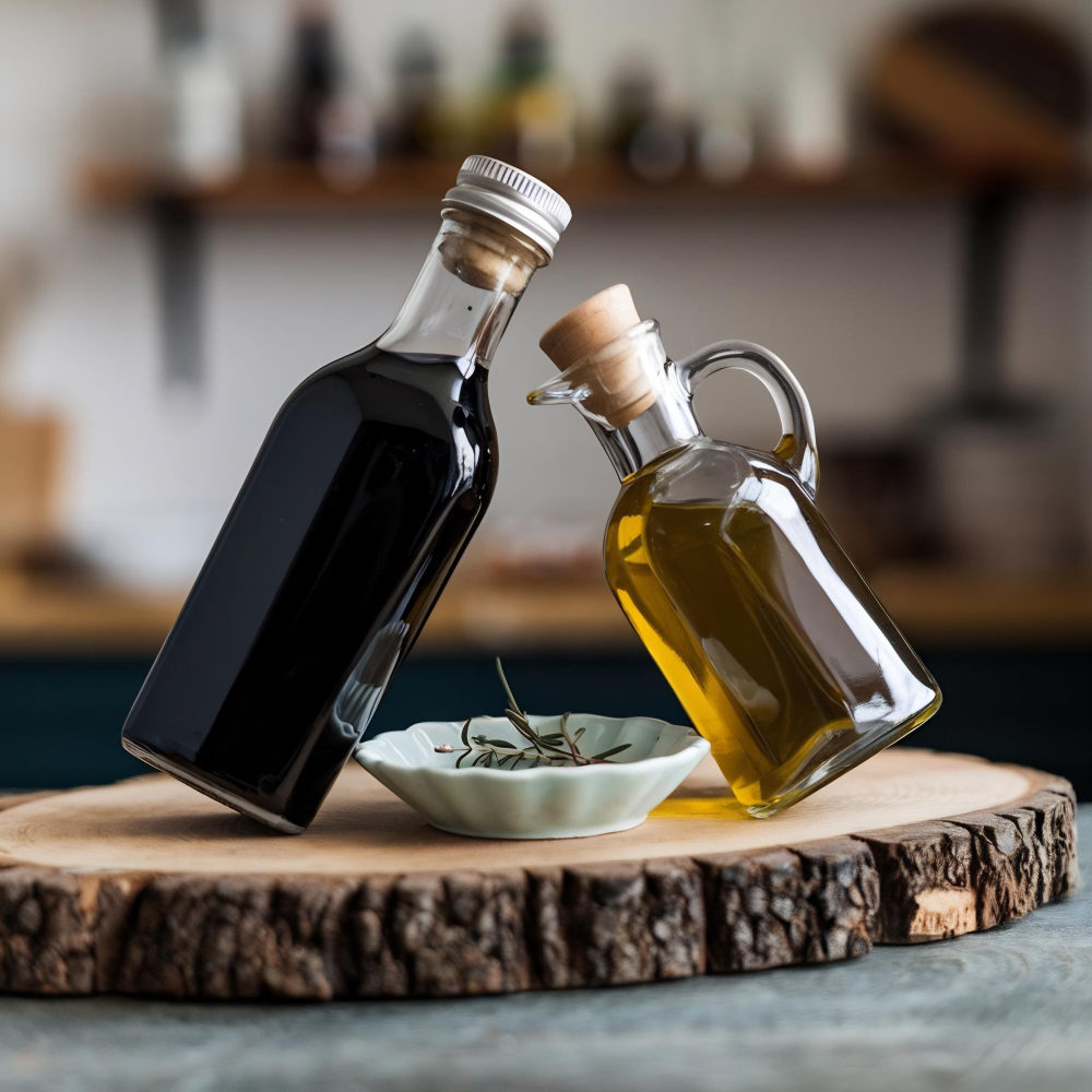 Eine Anordnung von Öl und Rotweinessig auf einem rustikalen Holzbrett