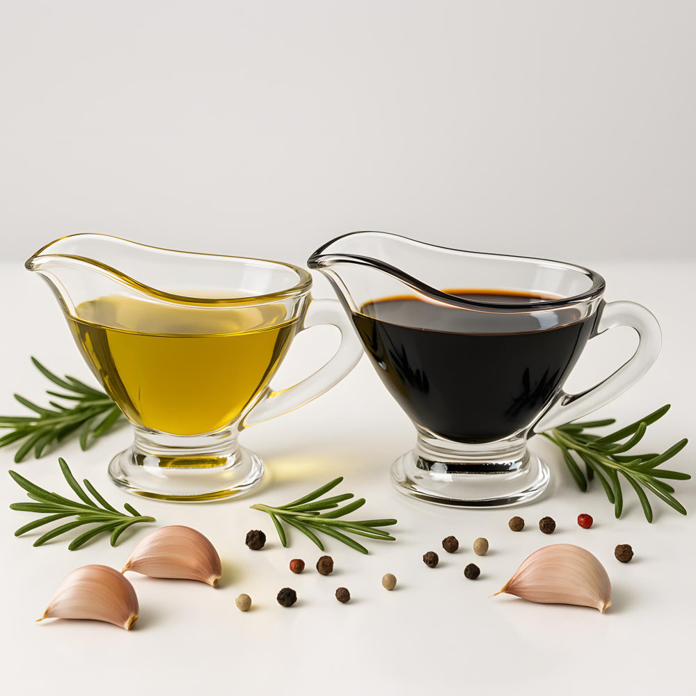 Olivenöl und Balsamikessig mit Knoblauchpfeffer und Rosmarin