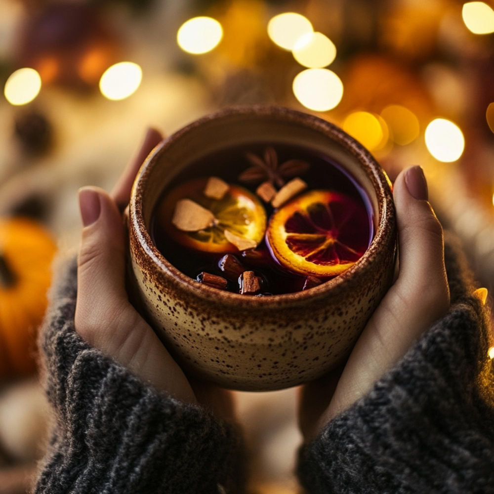 Warmer Mulled-Wein mit Zitrusfrüchten und Gewürzen im gemütlichen Herbst