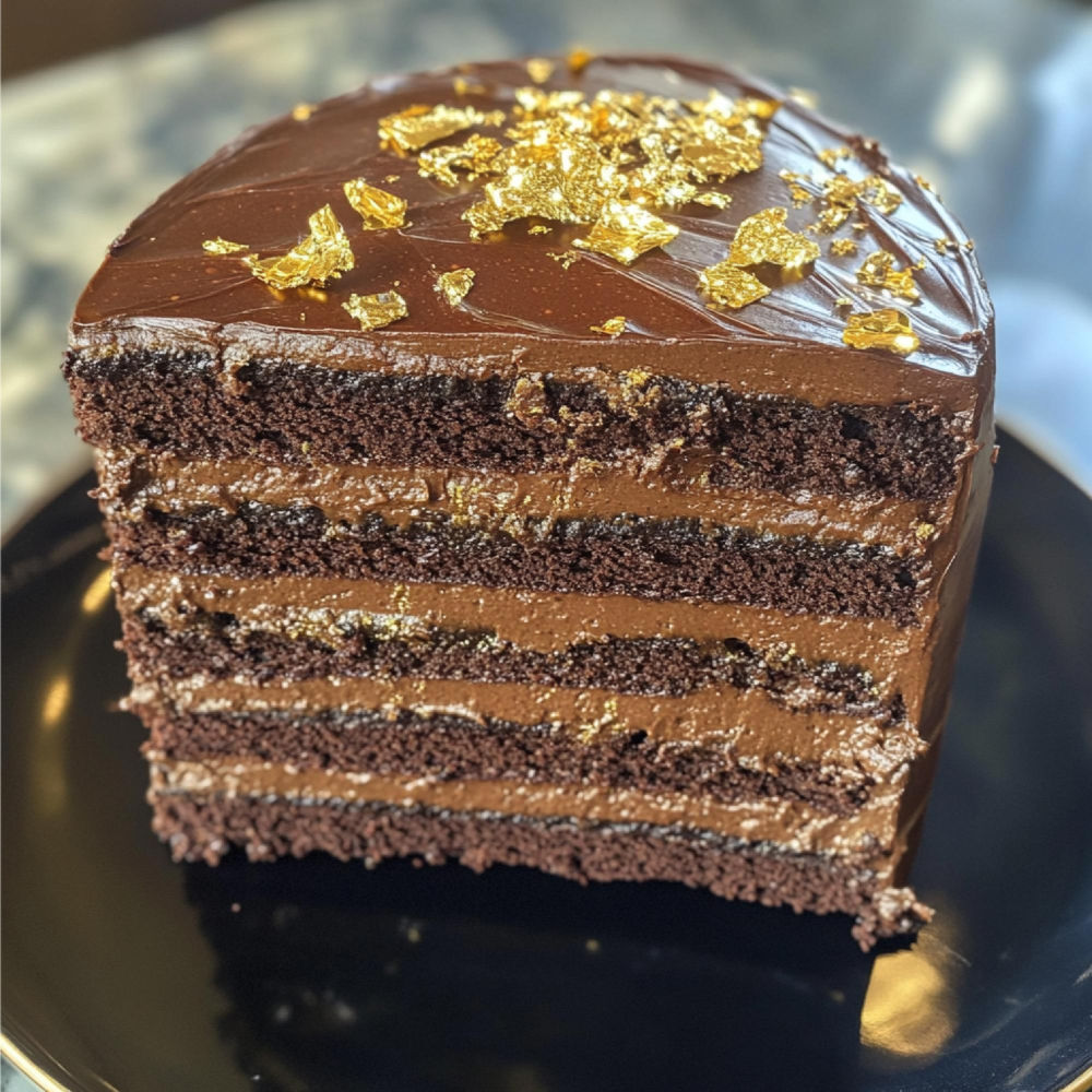 Ein geschichteter Schokoladenkuchen mit glänzender Ganache und essbaren Gold