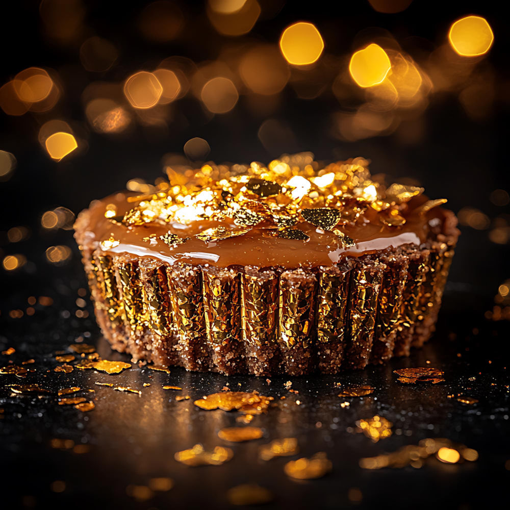 Eine köstliche Schokoladen-Torte mit Karamell und Goldblattdekoration