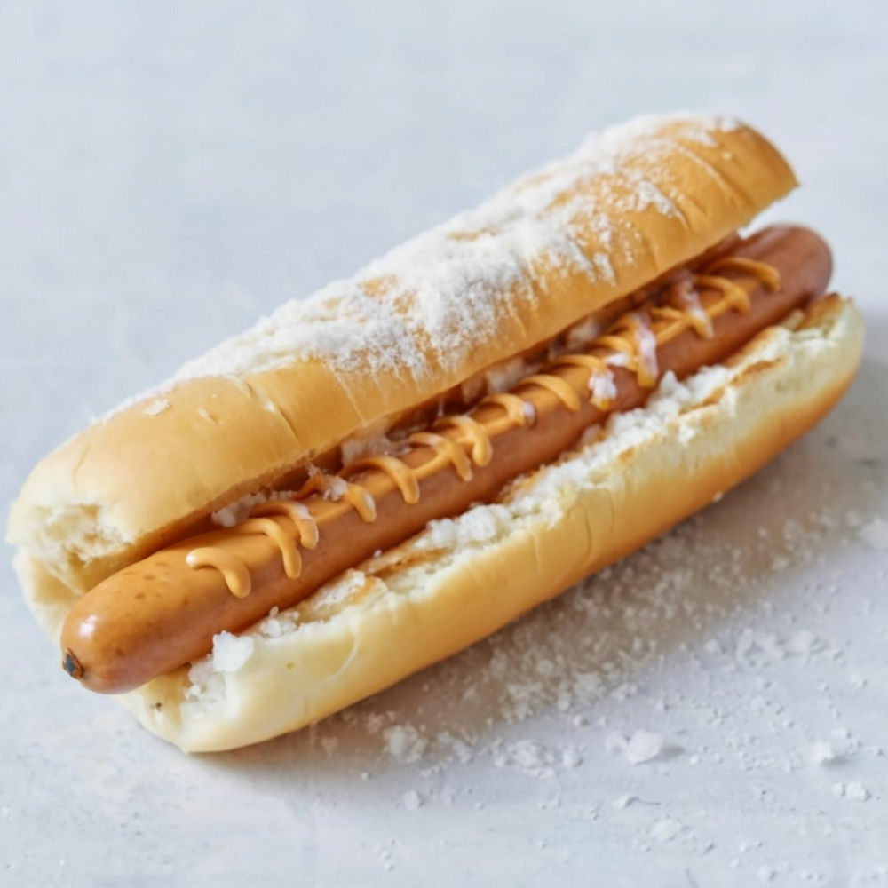 Hotdog mit Schnee anstelle von Mayonnaise