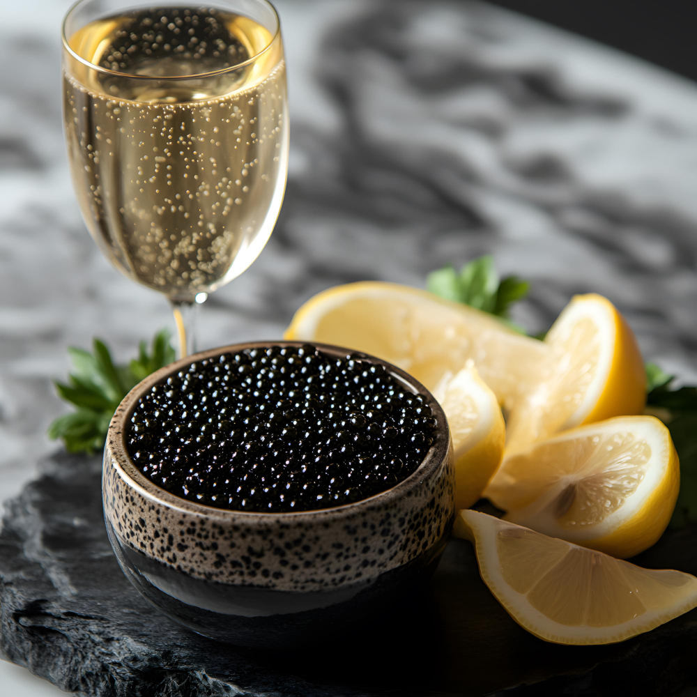 Schwarzer Kaviar mit Champagner und Zitronenscheiben