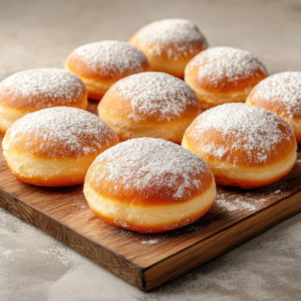 Ein mit Donuts gefülltes Holzplatt, das mit Zuckerpulver bedeckt