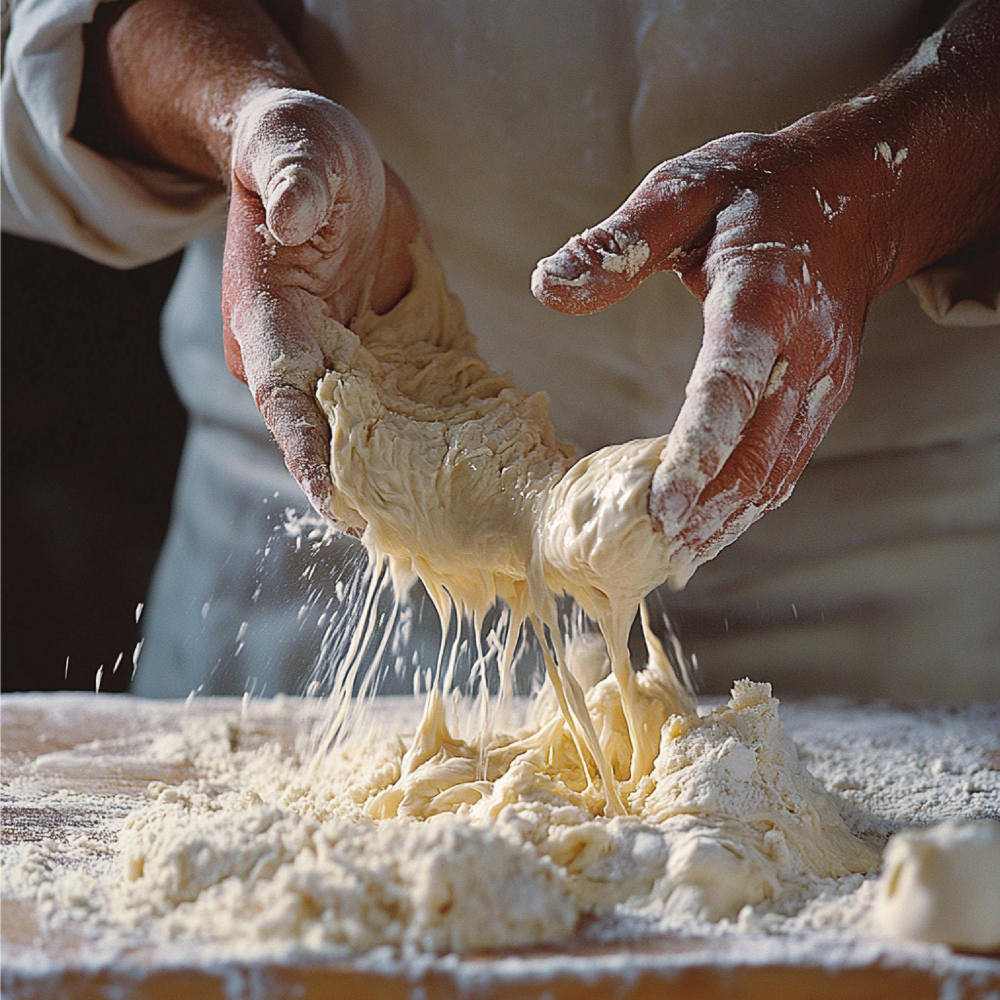 Ein Bäcker gießt und mischt Zutaten für eine Charge Teig
