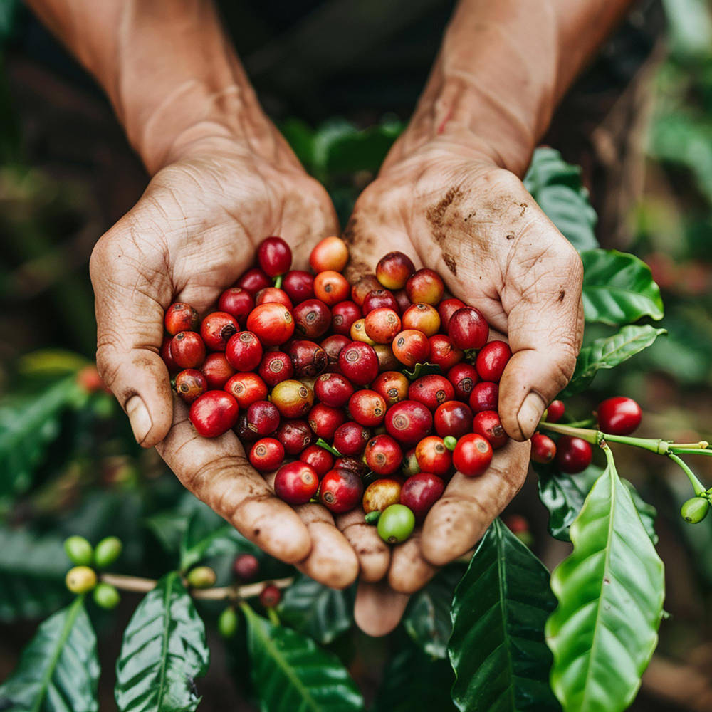 Ein Mann hält ein Bündel Kaffeebohnen in seinen Händen
