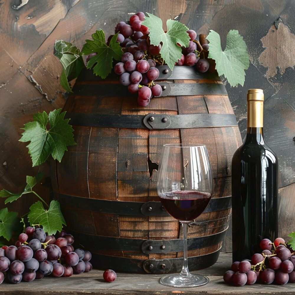 Eine Flasche Wein neben einem Fass mit Trauben und einer Flasche Wein