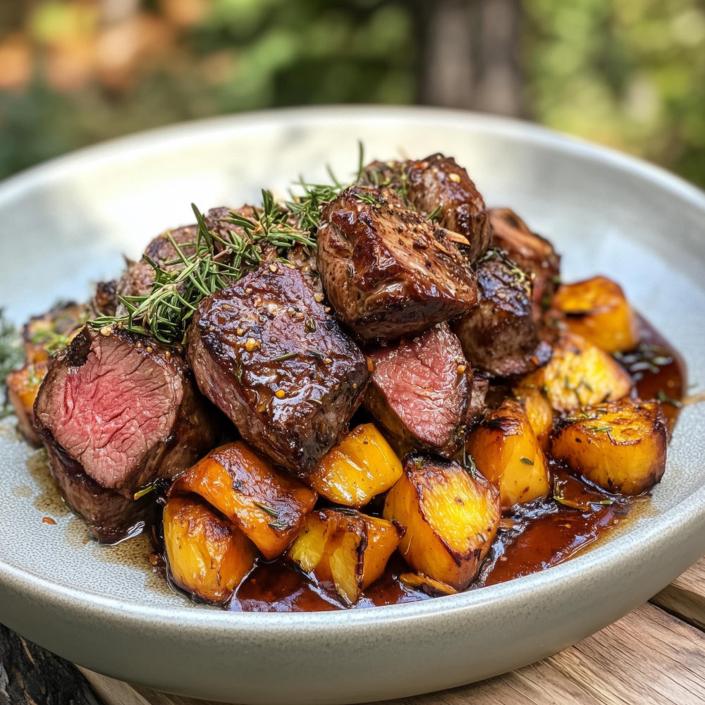 Elch-Tenderloin auf cremigem Kräuterpüree