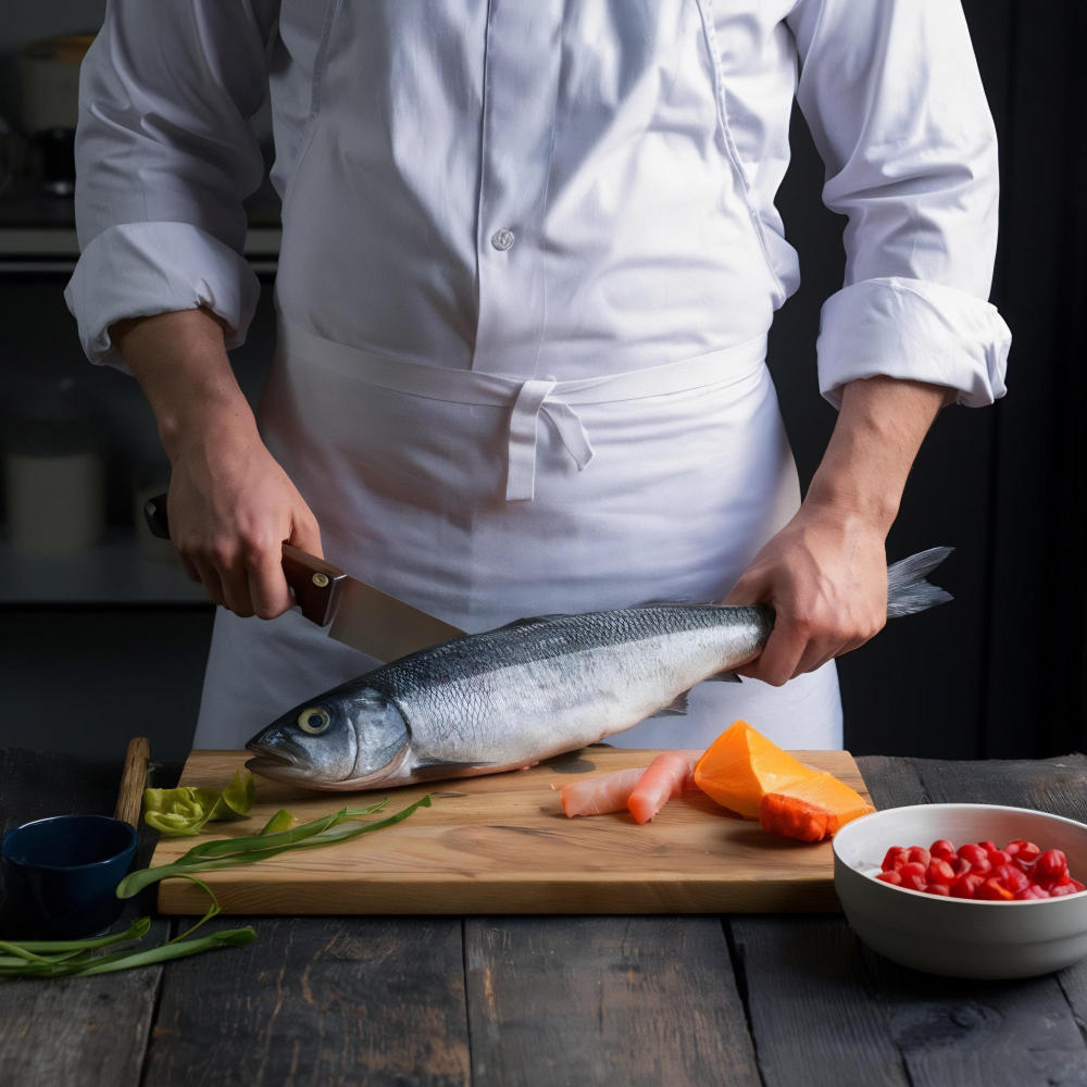 Koch in weißer Schürze mit frischem Fisch und Messer