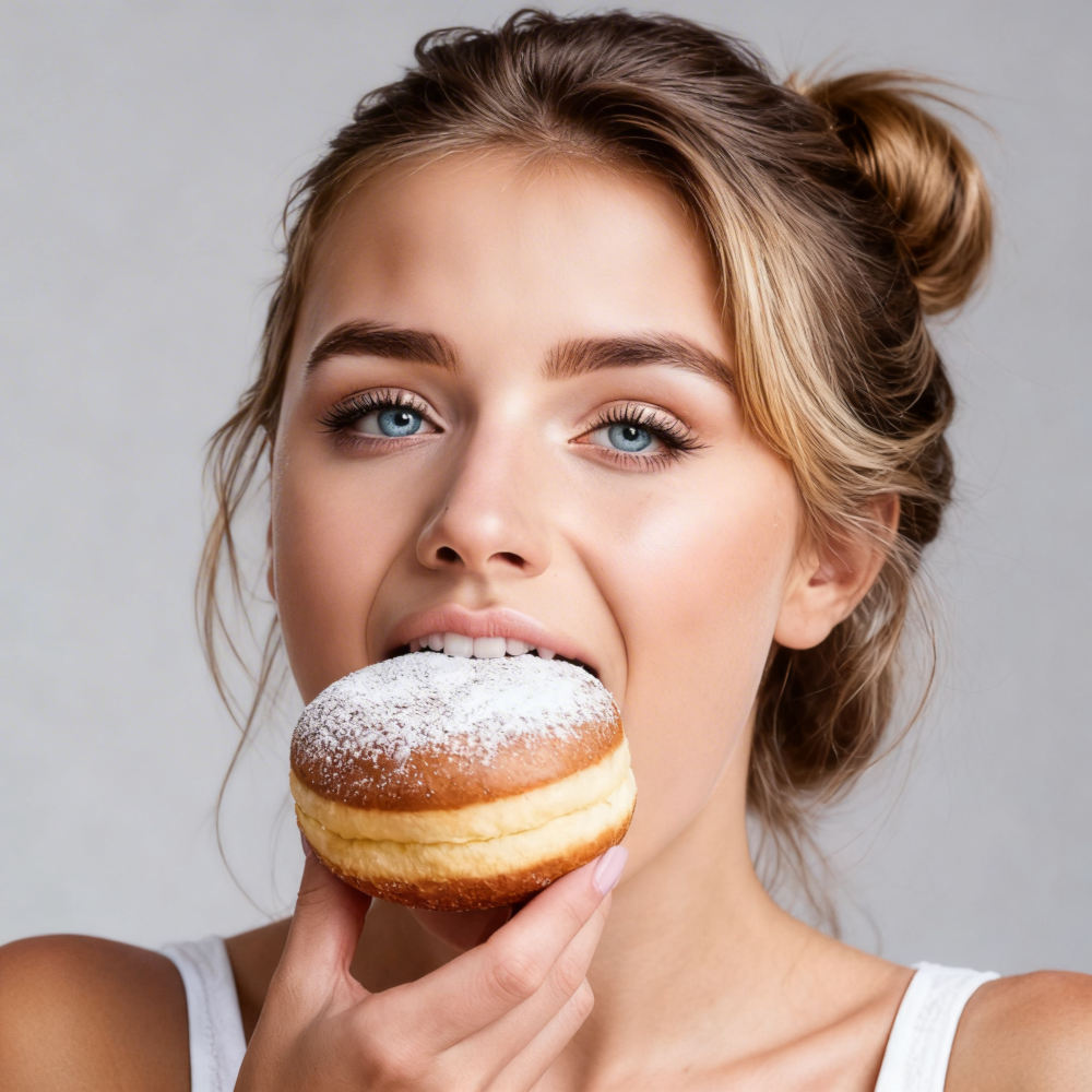 Frau beißt genüsslich in einen Krapfen.
