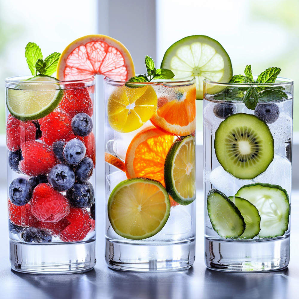 Früchte und Beeren in verschiedenen Gläsern