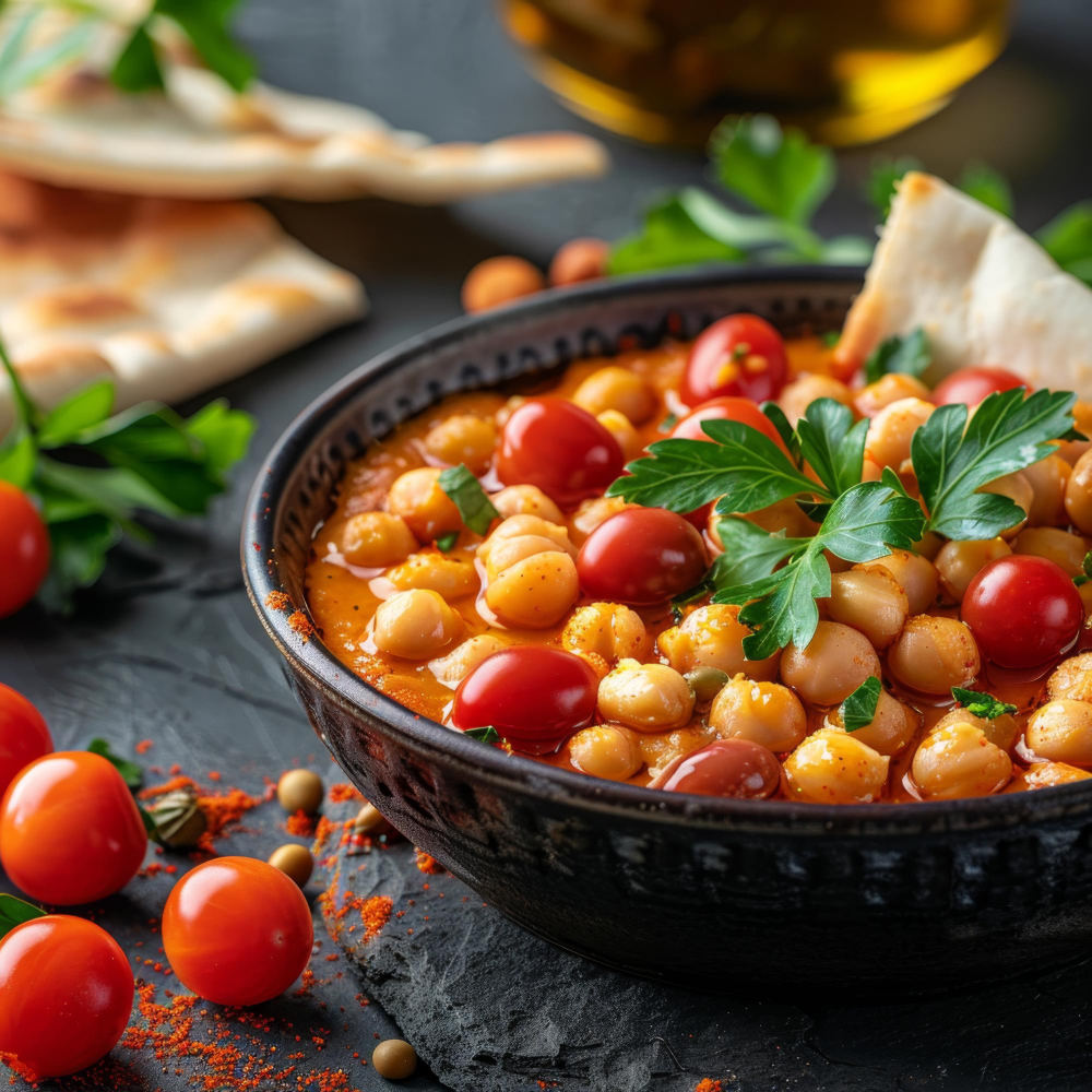 Gewürzter Kichererbsenbrötchen mit Tomaten und frischen Kräutern