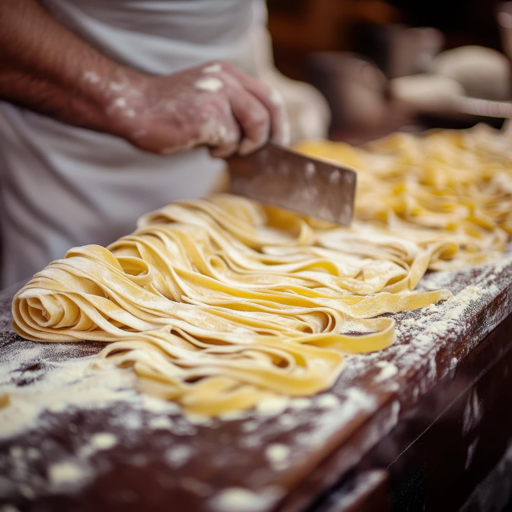 Hausgemachte Nudeln werden in einer rustikalen Küche ausgerollt
