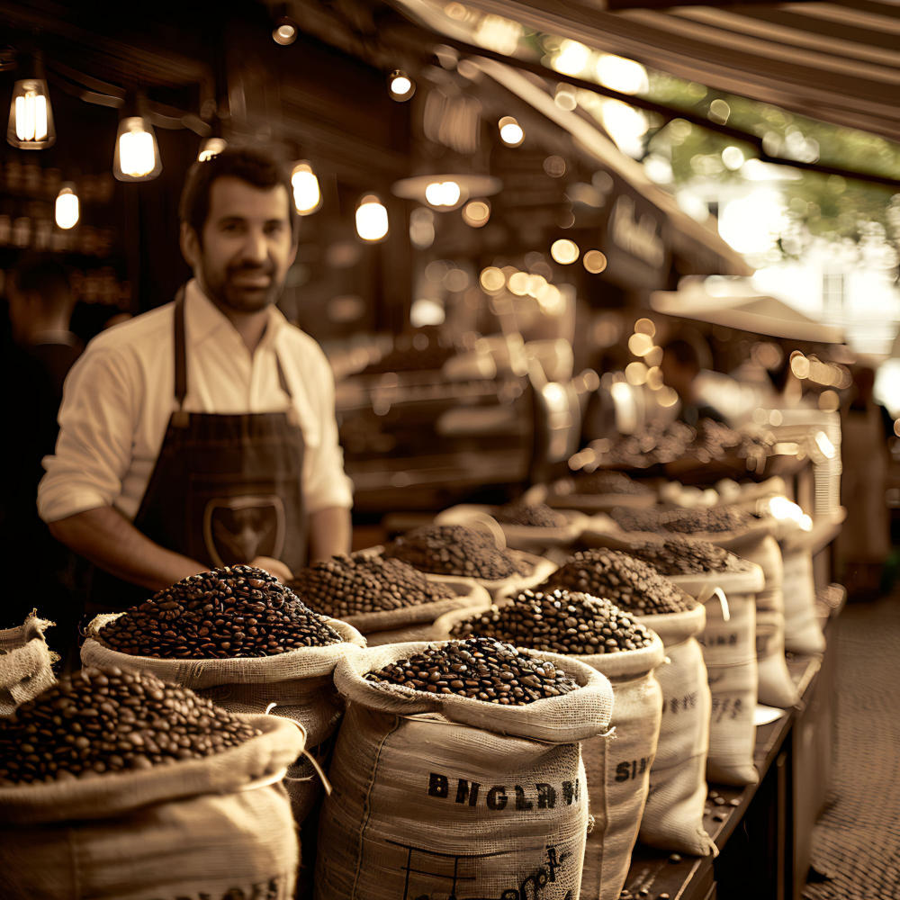 Kaffeeröster verkaufen frisch geröstete Bohnen auf einem Markt