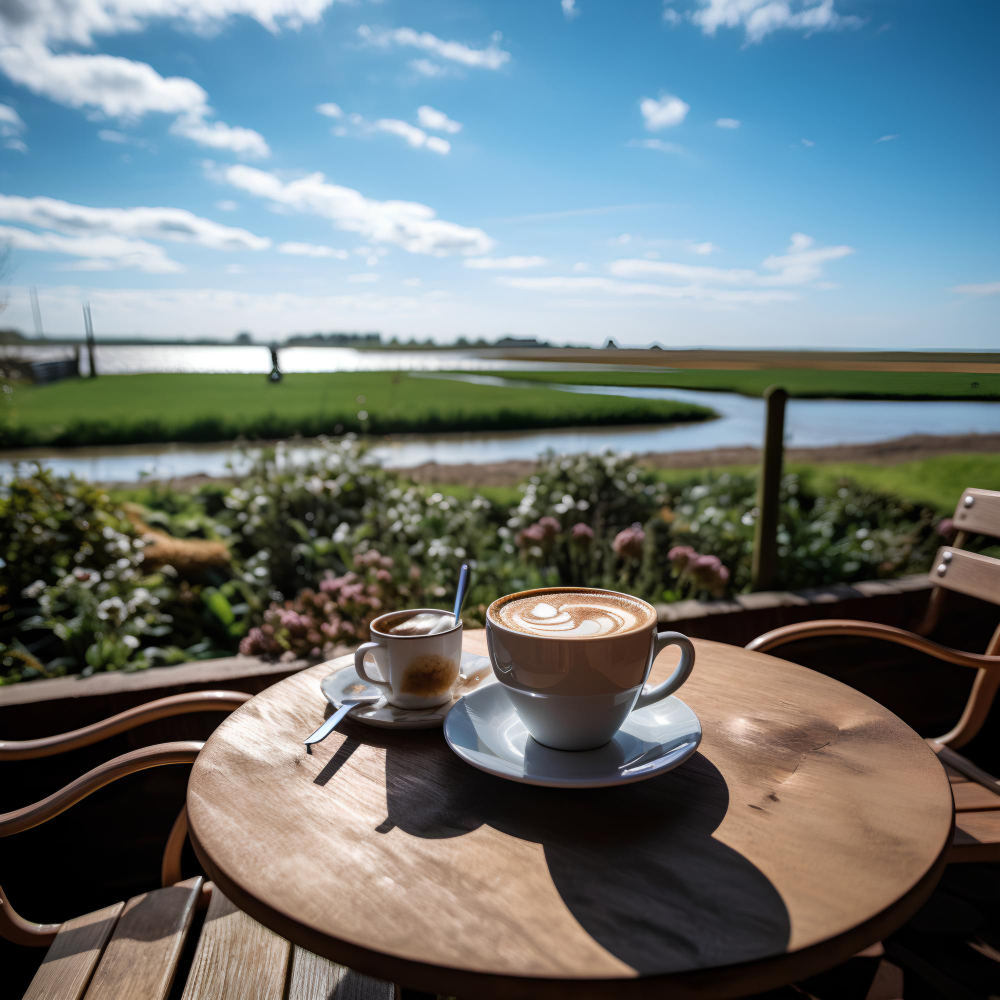 Kaffee auf Tisch mit schönen Ausblick