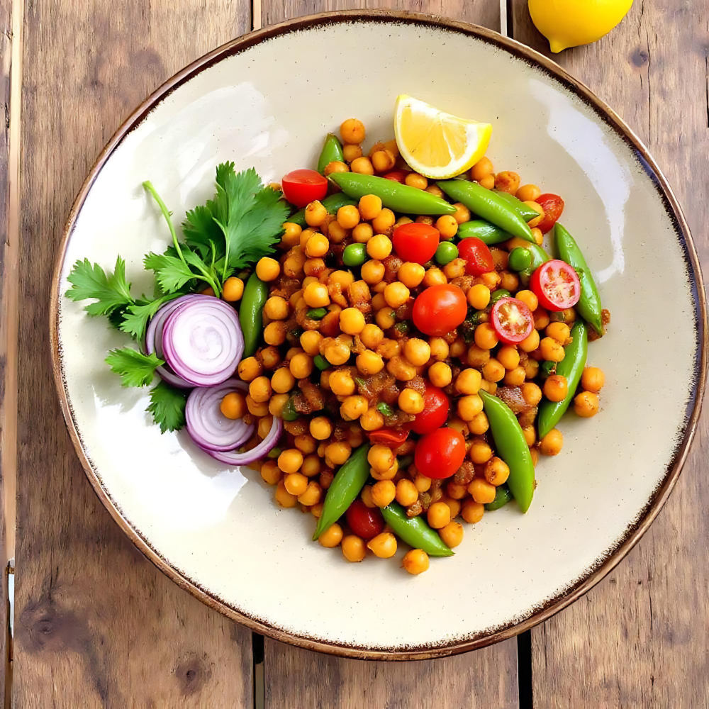 Kichererbsen-Curry mit frischen Erbsen und Zitronengarnatio
