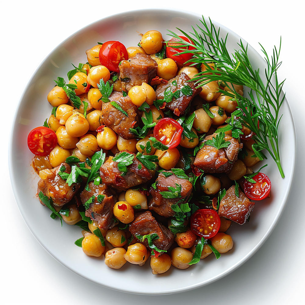 Köstliche gekochte Kichererbsen auf einem weißen Teller mit Gewürzen