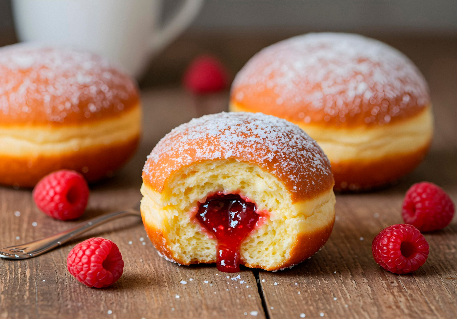 Köstliche, mit Himbeer-Gelee gefüllte Donuts mit Zuckerpulver