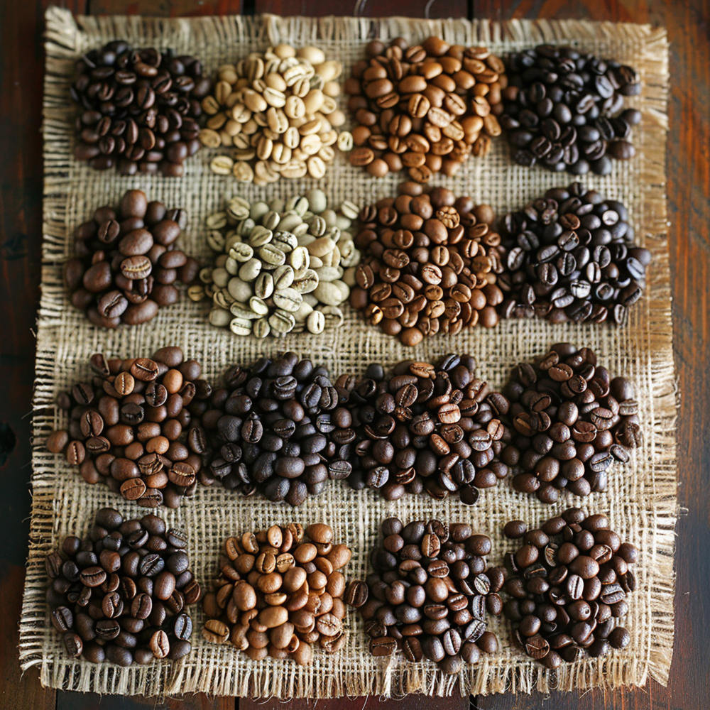 Eine gewebte Matte mit Kaffeebohnen und Kaffeebohnen darauf