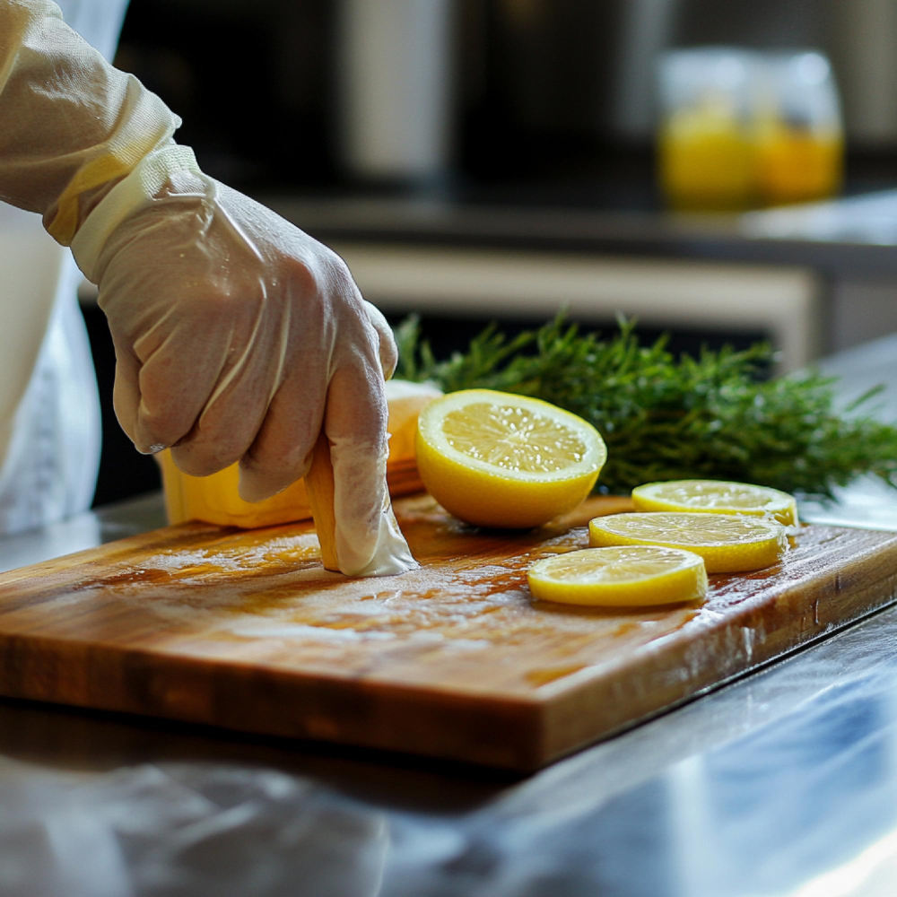 Eine Person reinigt und desinfiziert ein Schneidbrett in der Küche