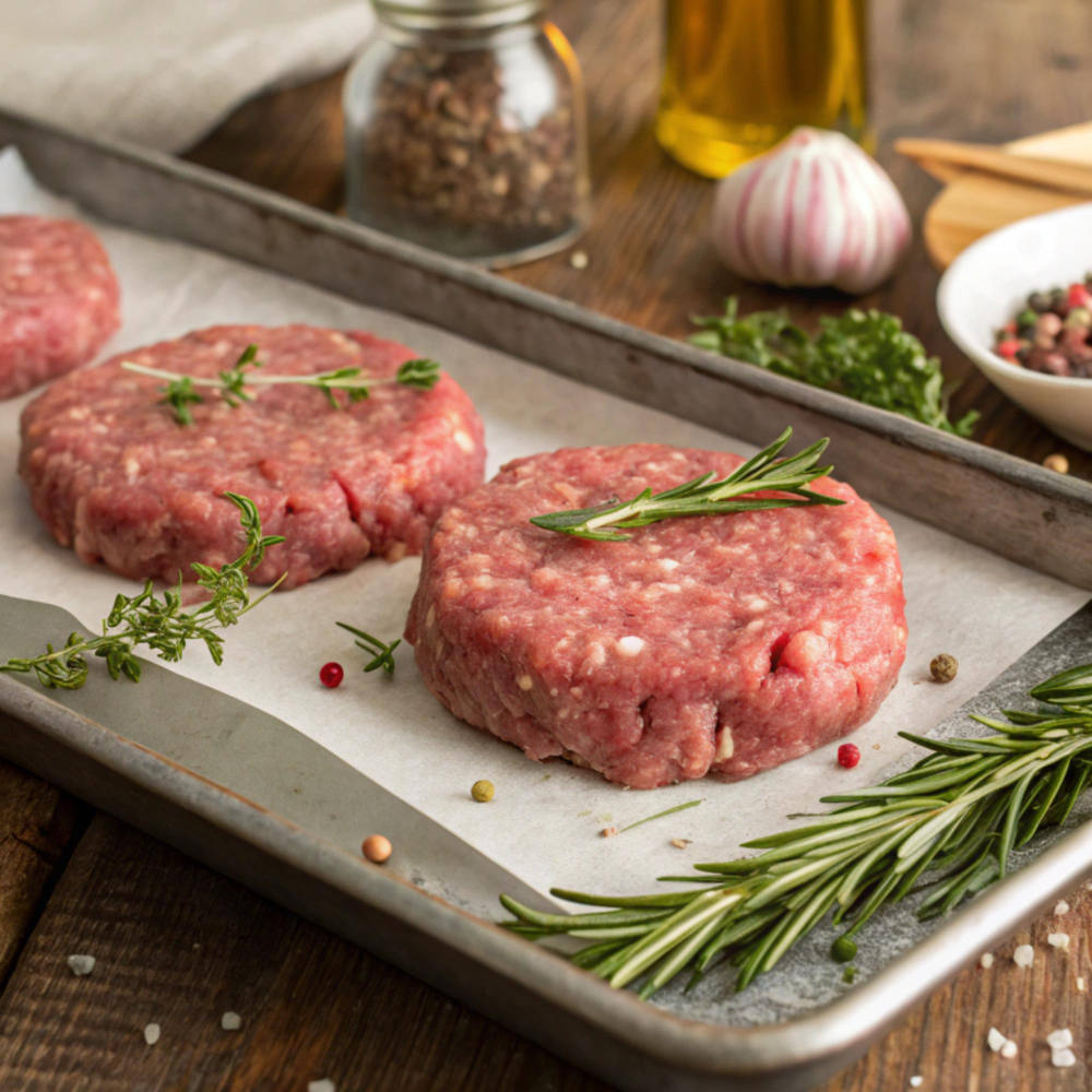 Rohes Hamburgerbrötchen, Mahlfleisch für Hamburger mit Kräutern