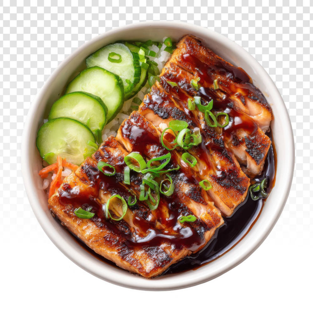 A delicious bowl of grilled salmon with a sweet soy glaze over rice