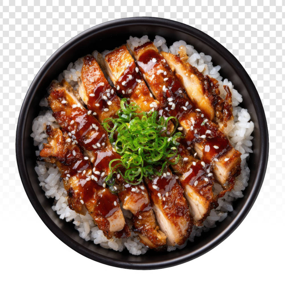 An overhead view of a delicious teriyaki chicken rice bowl