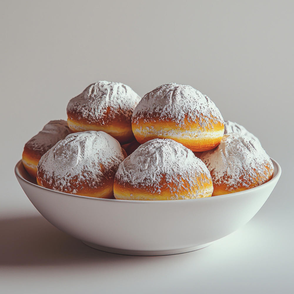 Schüssel mit Krapfen und mit Puderzucker bestreut