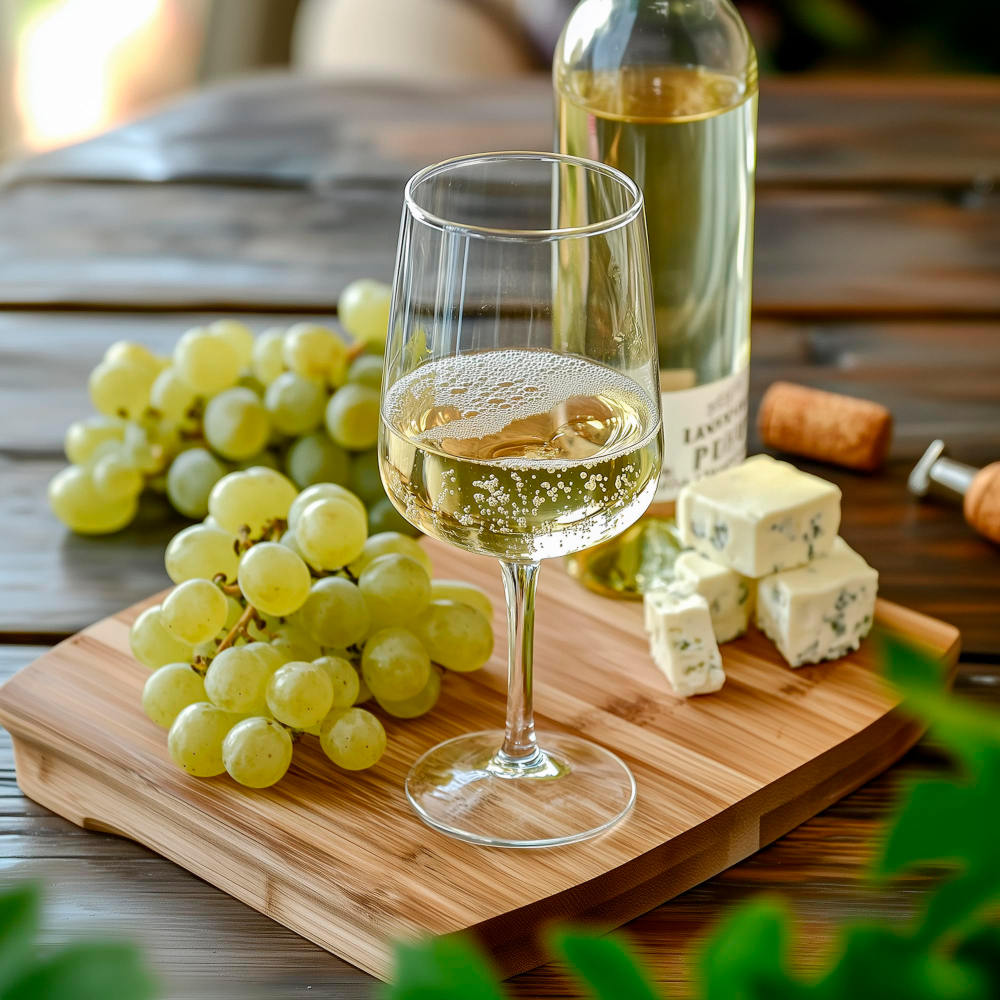 Eine Flasche und ein Glas Wein mit einer kleinen Käseplatte