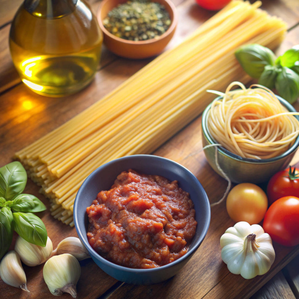 Eine Schüssel mit Tomatensauce und Gemüse auf einem Tisch