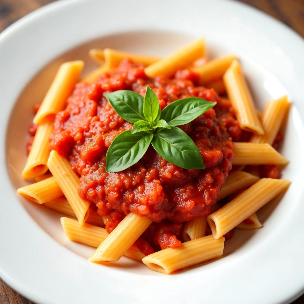 Eine Schüssel Pasta mit Basilikumblättern drauf