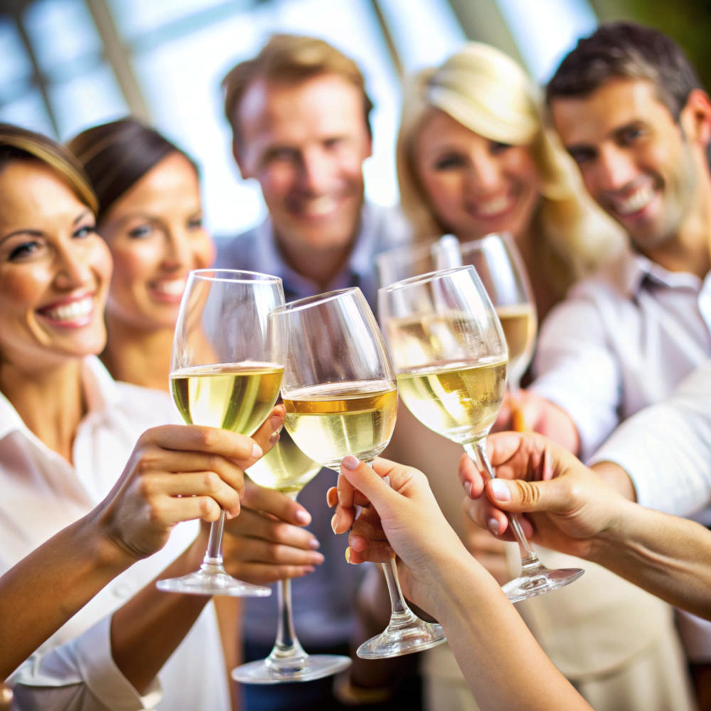 Feiern Menschen mit Glasen Weißwein