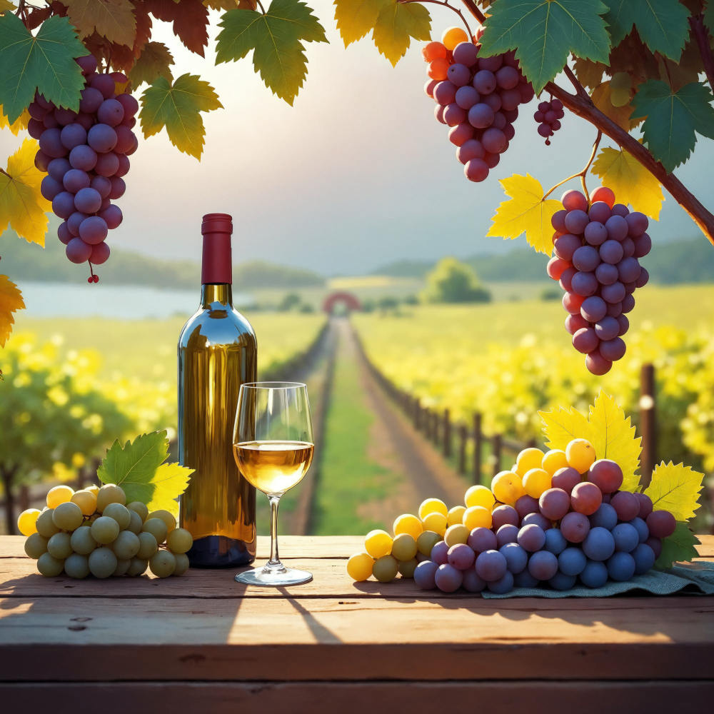 Vineyard Scene: Wine, Grapes, and Scenic View