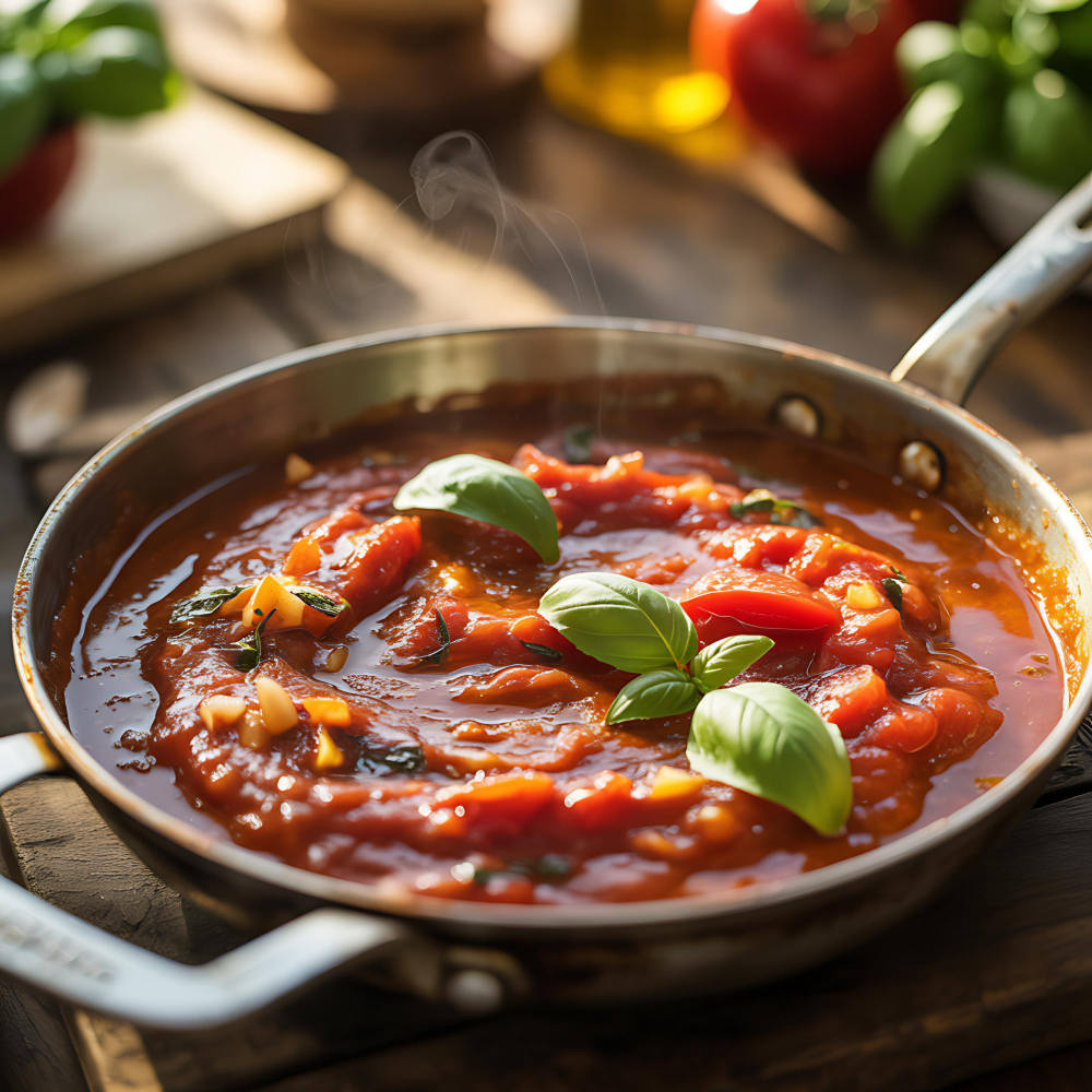 Steaming Homemade Tomato Sauce with Fresh Basil