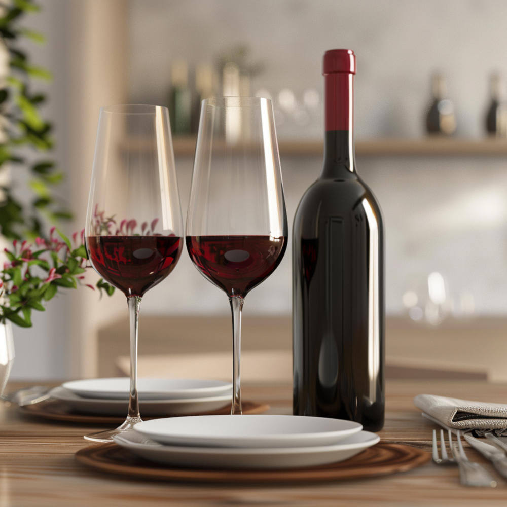 Tischgeschirr mit zwei Weingläsern und einer Flasche Wein