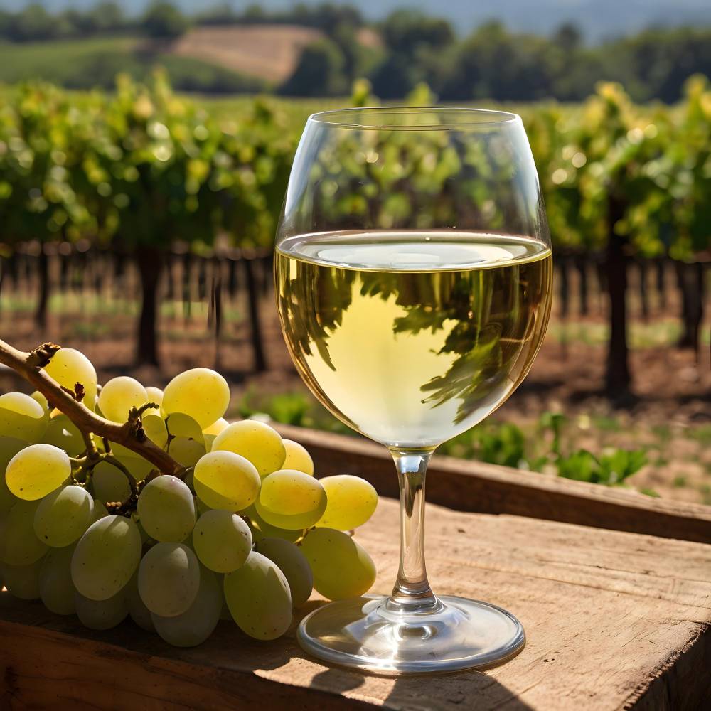 Ein Glas Wein neben einem Traubenstamm