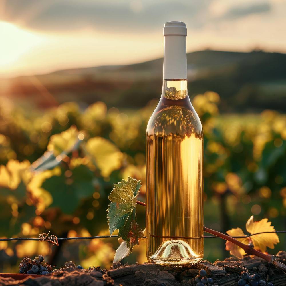 Eine goldene Weinflasche ruht bei Sonnenuntergang