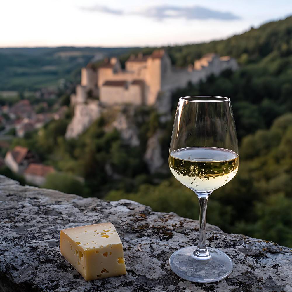 Wein und Käse mit Blick auf ein mittelalterliches Schloss